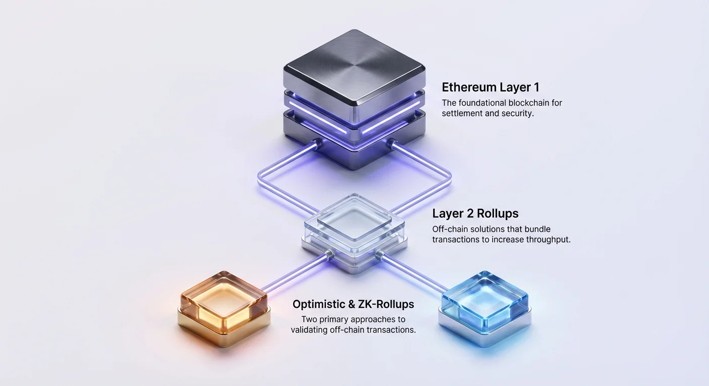 Simple infographic diagram illustrating Ethereum Layer 1 as the base blockchain, Layer 2 Rollups for off-chain transaction bundling, and Optimistic with ZK-Rollups for validation.