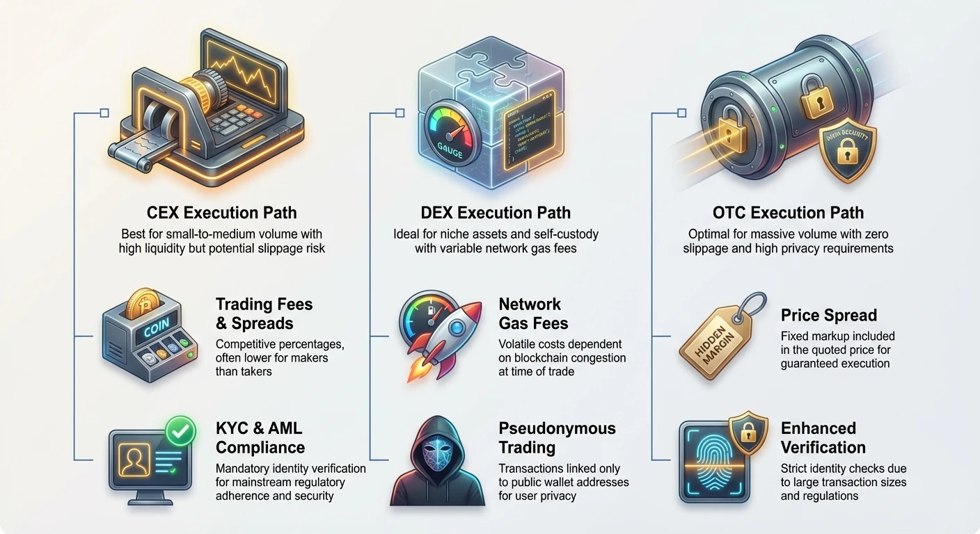 Detailed infographic matrix comparing CEX, DEX, and OTC venues across trading fees, gas fees, price spreads, KYC compliance, privacy, and verification for crypto trade decisions.