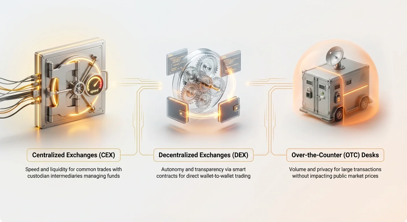 Simple overview infographic of three crypto trade venues: CEX for speed and liquidity, DEX for autonomy and transparency, OTC desks for volume and privacy, shown as connected pathways.
