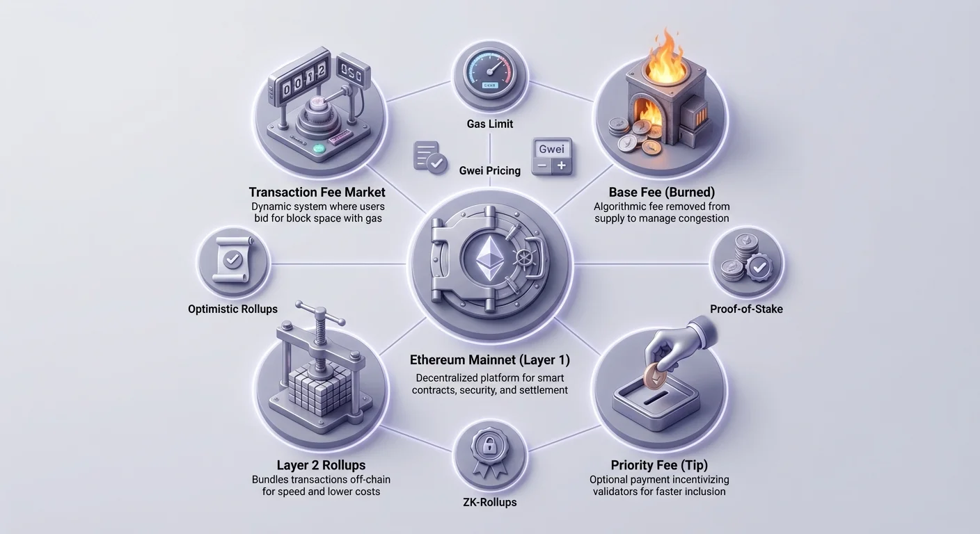 Hub-and-spoke diagram of Ethereum fee ecosystem with Mainnet at center, radiating components and Layer 2 solutions organized by function and importance.