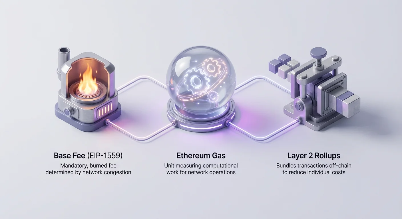 Minimalist hero image summarizing three core Ethereum fee mechanics and scaling concepts with visually connected nodes showing relationships.