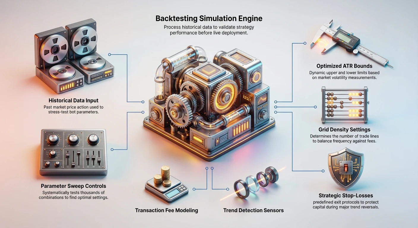 Hub-and-spoke infographic of backtesting simulation engine optimizing grid trading bots, featuring historical data input, parameter sweeps, ATR bounds, grid density, stop-losses, fees, and trend sensors.