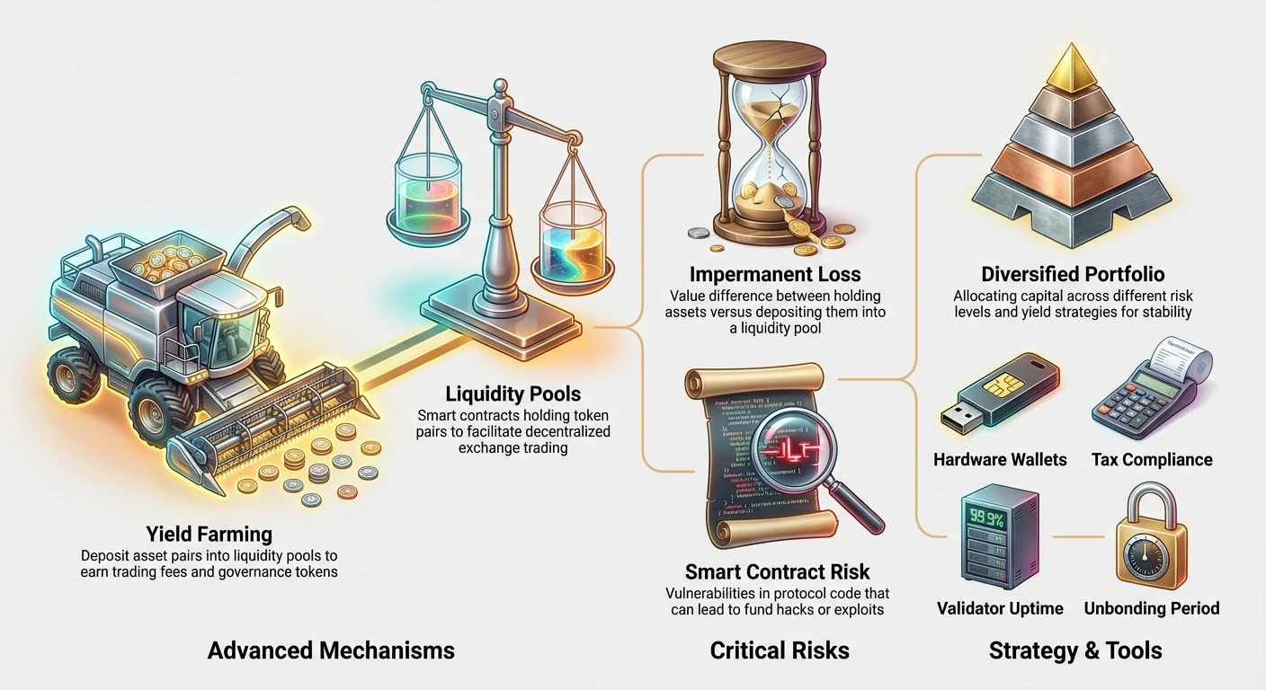 Detailed infographic illustrating advanced strategies, key risks, and essential tools for optimizing crypto passive income via staking, organized in a clustered layout.