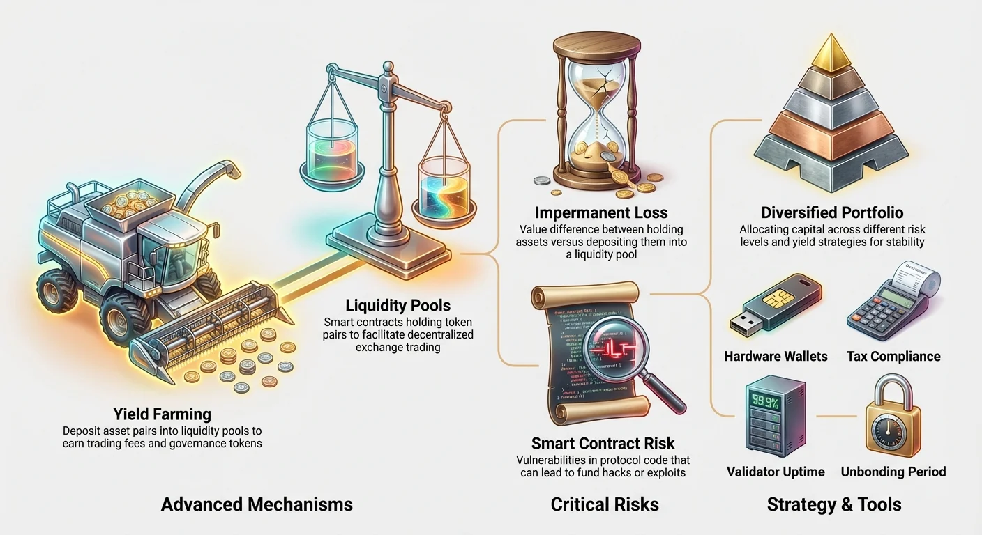 Detailed infographic illustrating advanced strategies, key risks, and essential tools for optimizing crypto passive income via staking, organized in a clustered layout.