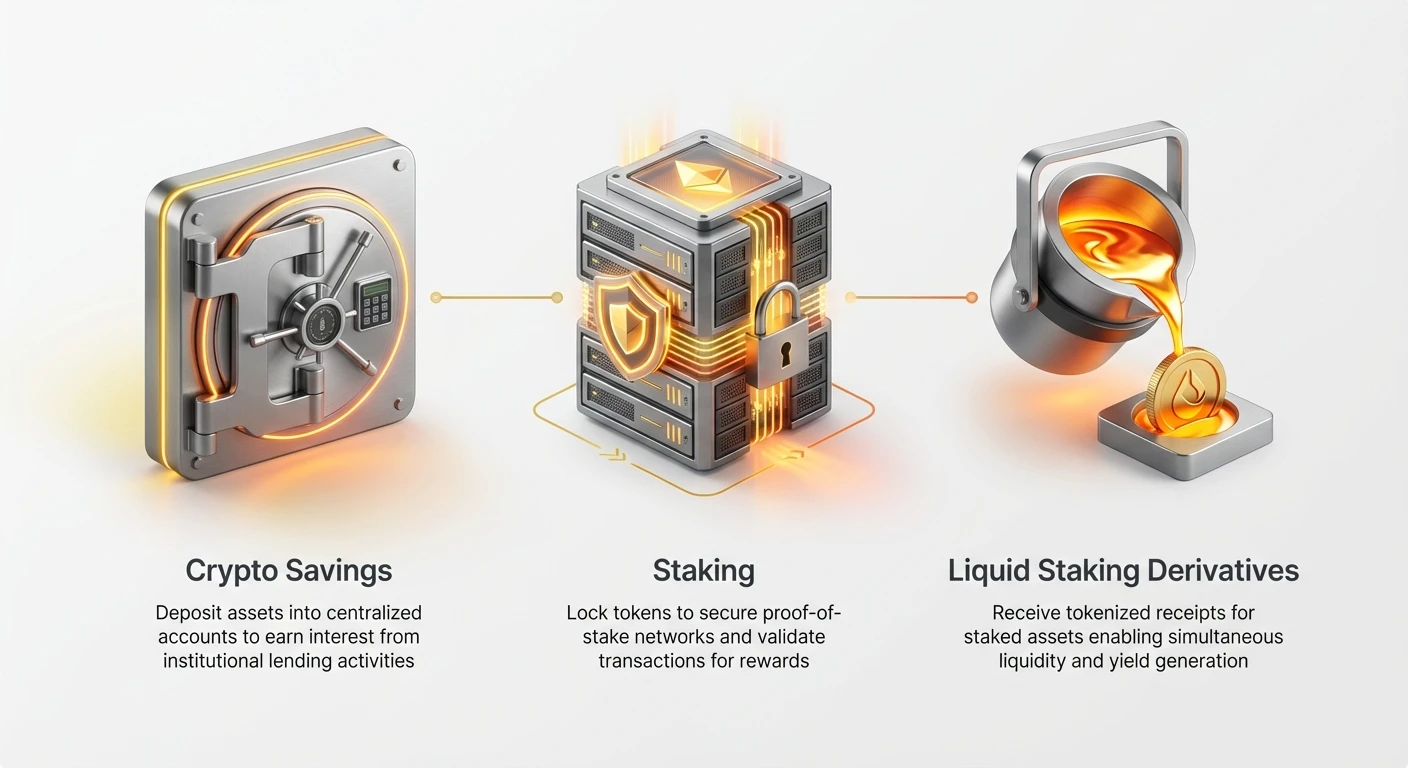 Infographic illustrating the progression of crypto passive income methods from centralized savings accounts to decentralized staking and liquid staking derivatives.