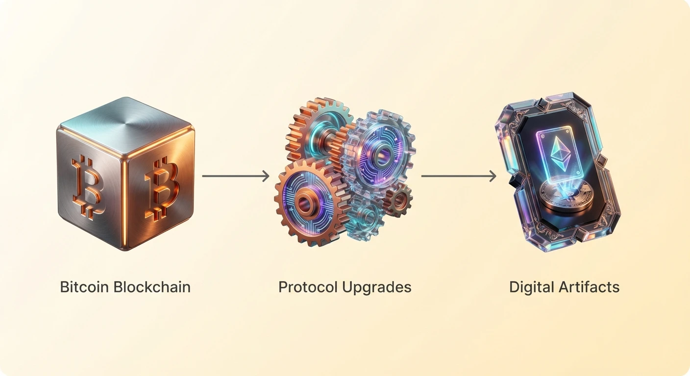 Simple overview infographic with photorealistic icons depicting Bitcoin blockchain, SegWit and Taproot protocol upgrades, and immutable digital artifacts via Ordinals.