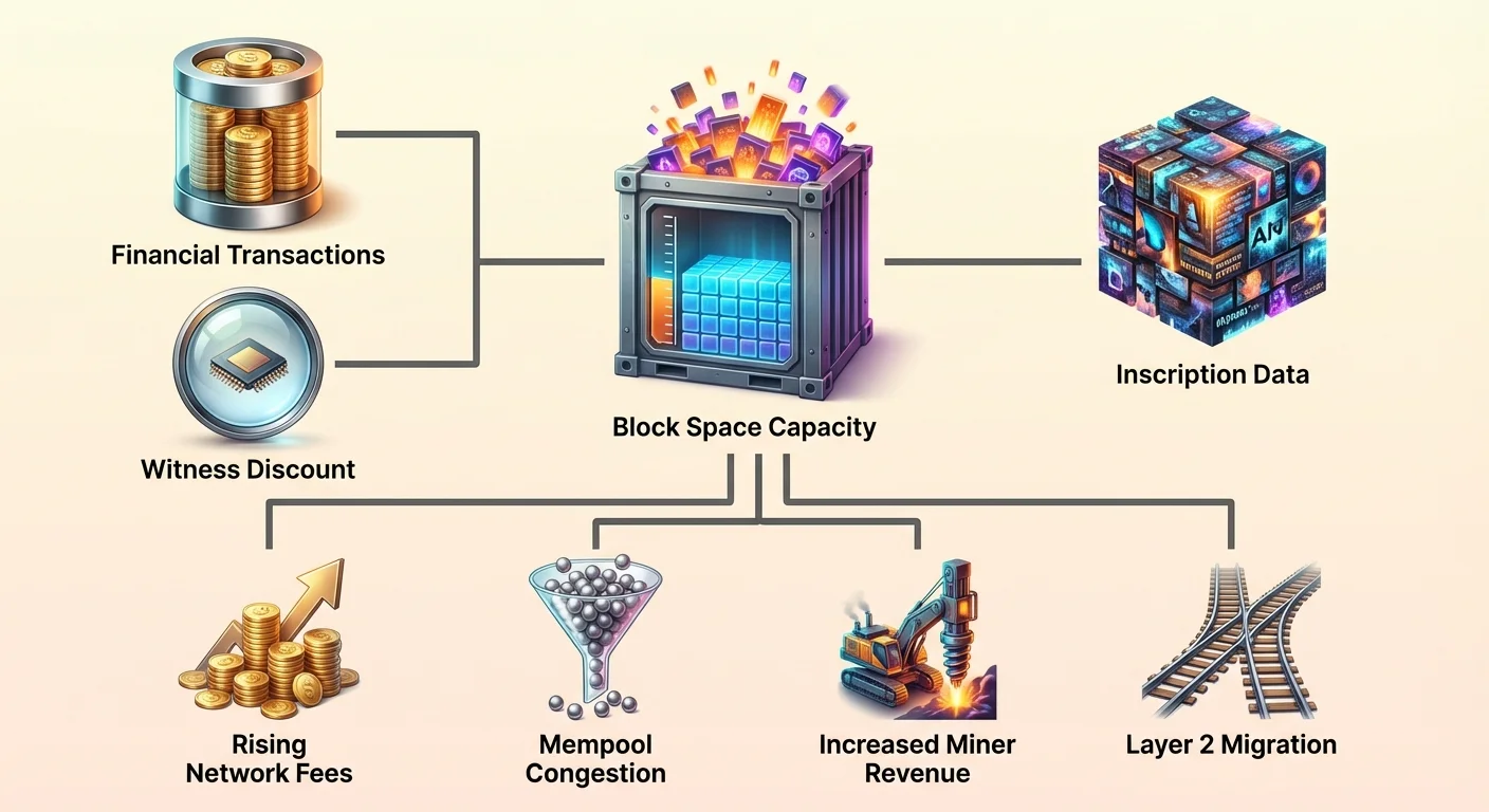Infographic diagram of financial transactions and inscription data competing for limited block space capacity via witness discount, causing rising fees, mempool congestion, miner revenue growth, and Layer 2 migration.