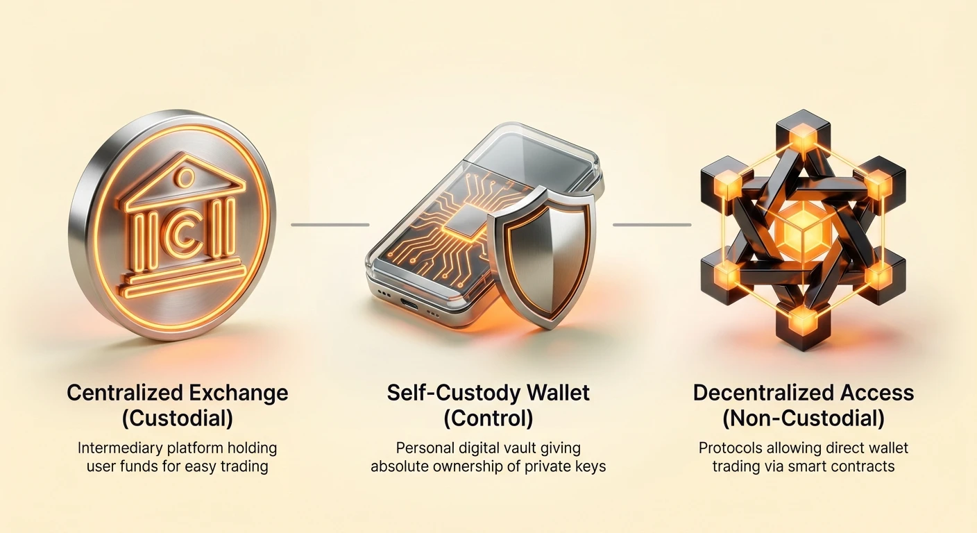 Simple infographic overview of three crypto access approaches: centralized custodial exchanges, decentralized non-custodial protocols, and self-custody wallets for full control.