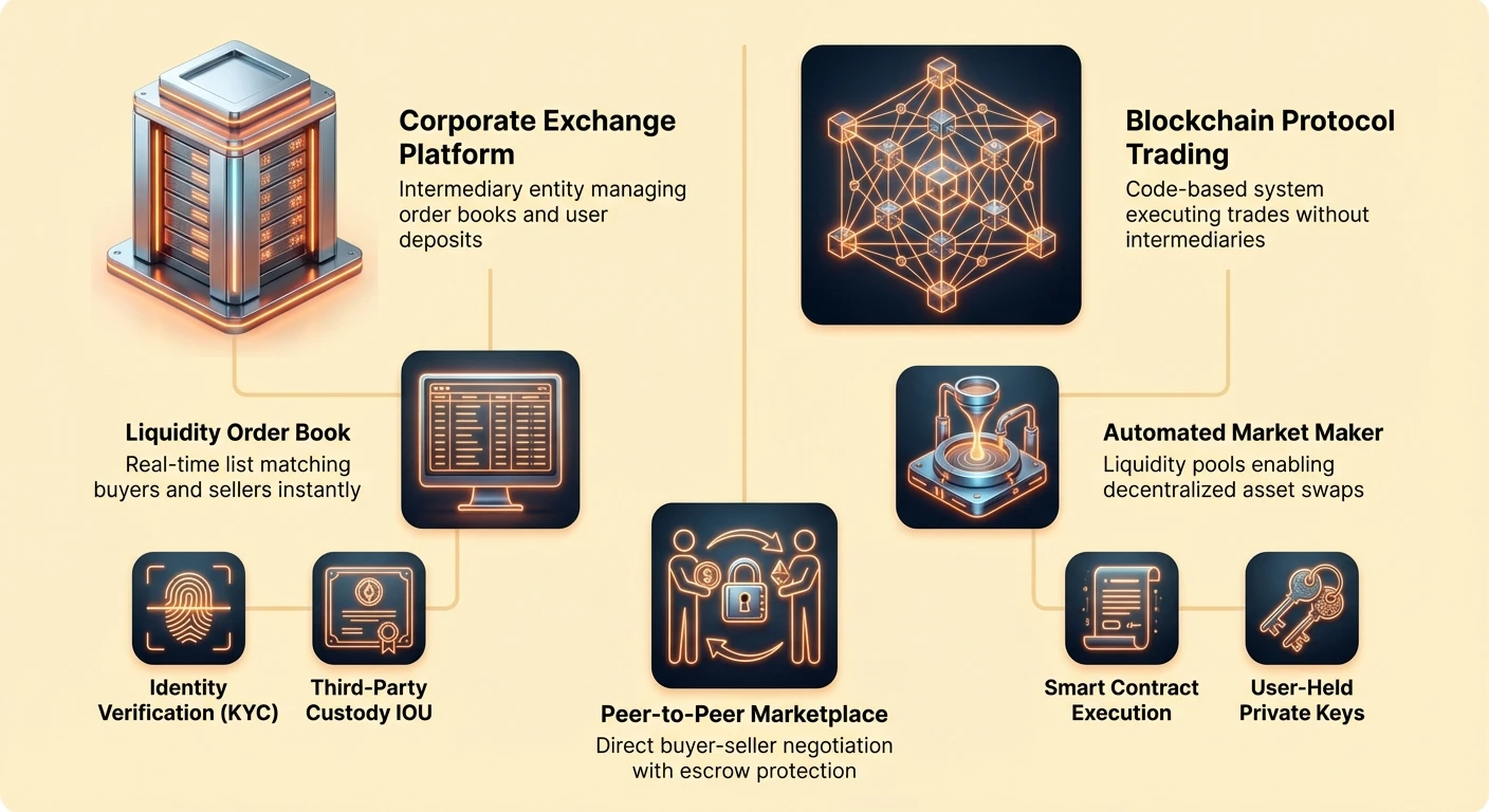 Detailed infographic comparing centralized exchanges, decentralized protocols, and peer-to-peer marketplaces for crypto trading, showing liquidity order books, automated market makers, custody options, KYC, and private keys.