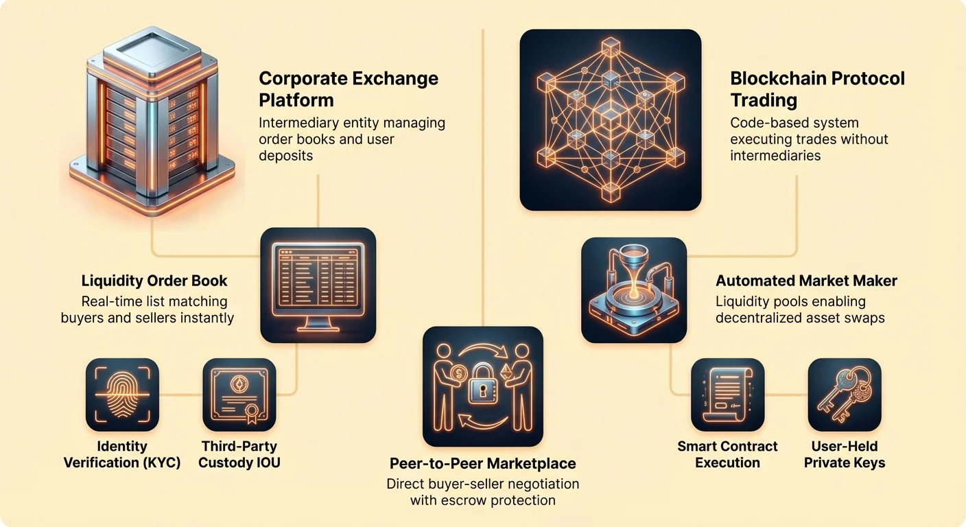 Detailed infographic comparing centralized exchanges, decentralized protocols, and peer-to-peer marketplaces for crypto trading, showing liquidity order books, automated market makers, custody options, KYC, and private keys.