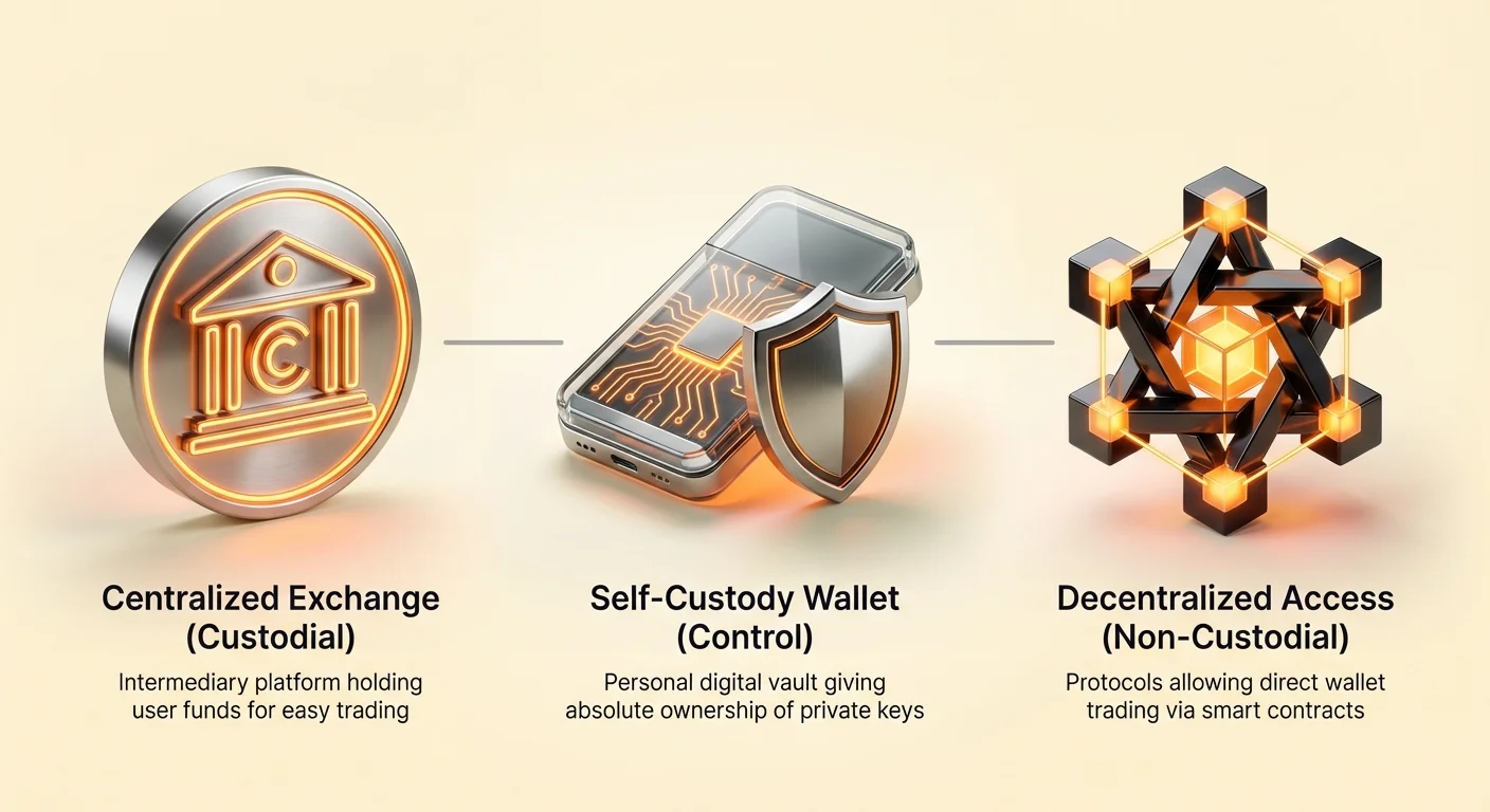 Simple infographic overview of three crypto access approaches: centralized custodial exchanges, decentralized non-custodial protocols, and self-custody wallets for full control.