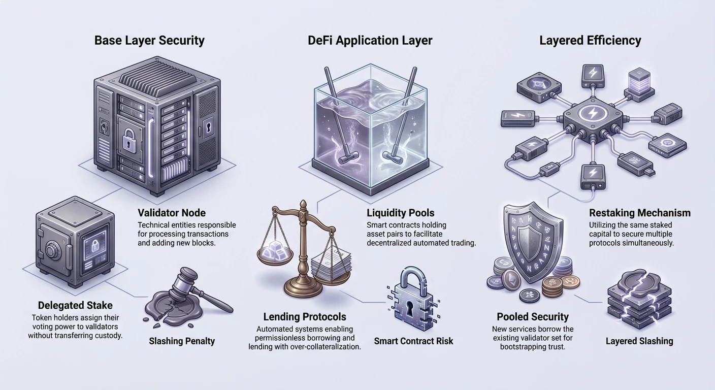 Detailed infographic comparing base layer staking, DeFi application layer yields, and restaking efficiency with icons for validator nodes, liquidity pools, risks like slashing penalties.