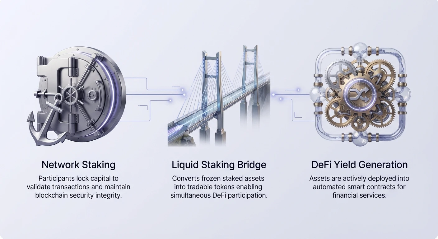 Infographic contrasting network staking for blockchain security, DeFi yield generation through smart contracts, and liquid staking bridge enabling simultaneous participation.