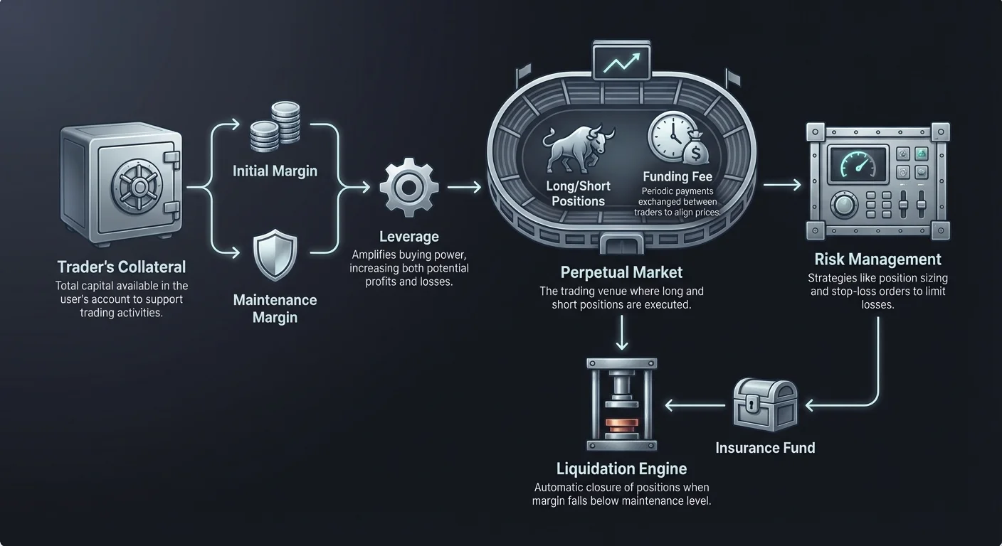 Detailed infographic illustrating perpetual futures trading flow: from initial collateral deposit, position execution, risk management, to potential liquidation scenarios.
