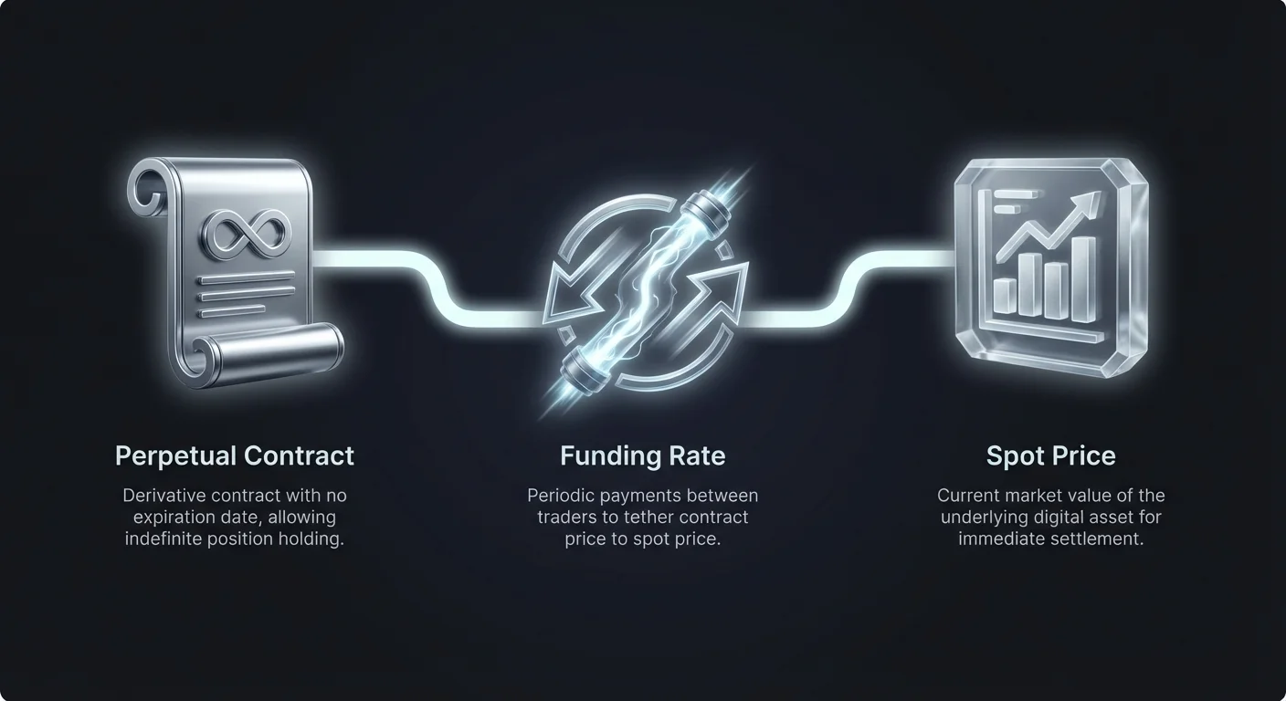 High-level infographic illustrating how perpetual futures contracts are tethered to the spot price using the funding rate mechanism.