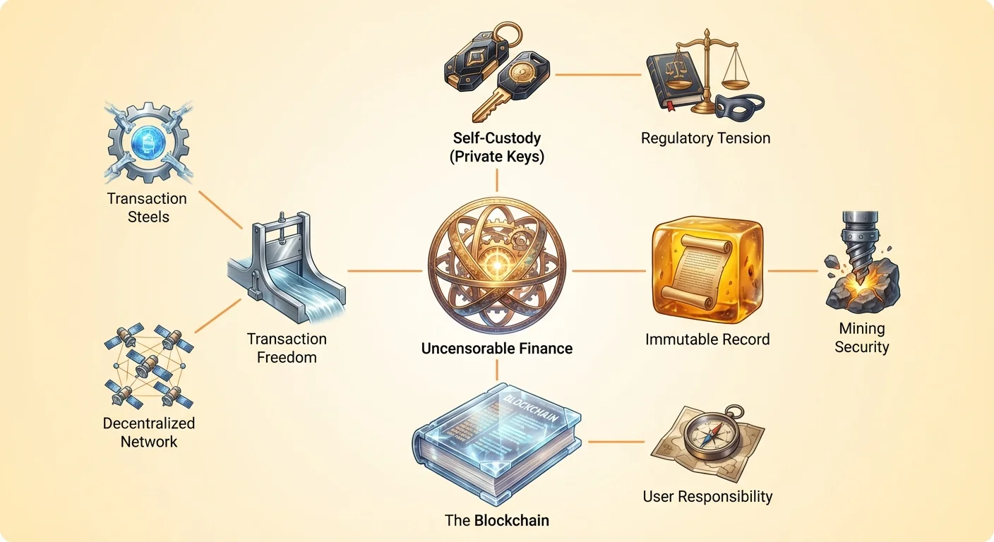 Hub-and-spoke infographic on uncensorable finance, with blockchain foundation supporting pillars of transaction freedom, self-custody via private keys, immutable records, and details on networks, mining, regulations, responsibility.