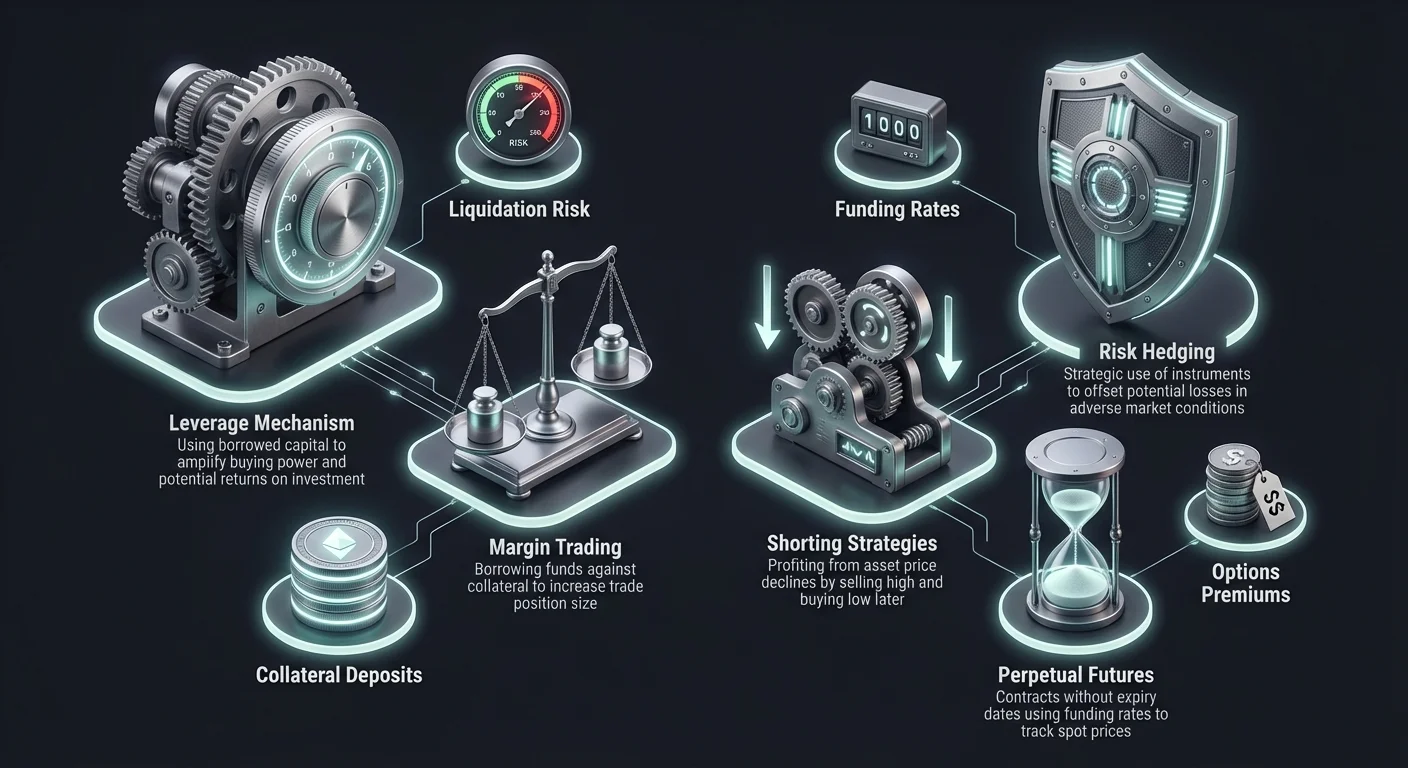 Infographic comparing leverage mechanisms like perpetual futures and margin trading with risk hedging via shorting strategies, labeled with funding rates, liquidation risk, options premiums, and collateral deposits.