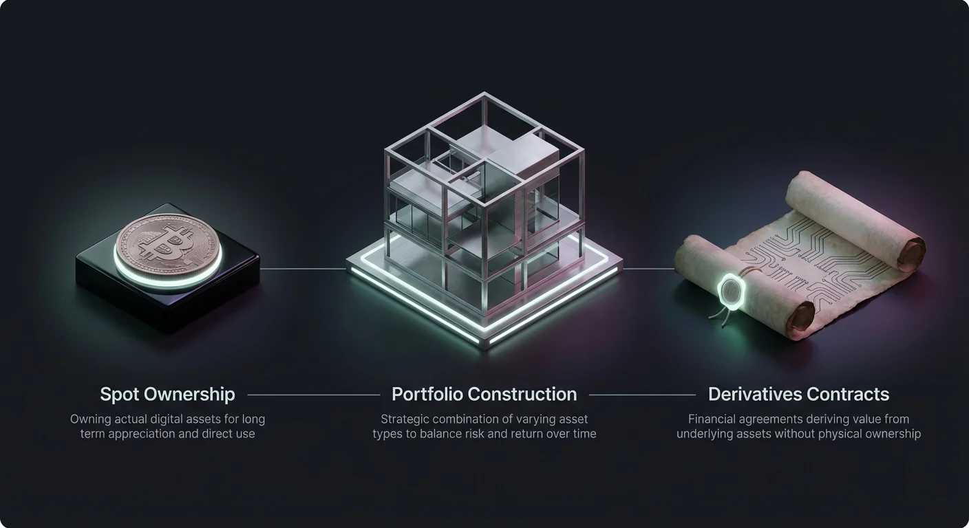 Infographic overview linking spot ownership of digital assets, derivatives contracts without physical ownership, and strategic portfolio construction to balance risk and return.