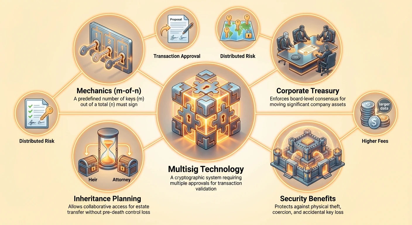 Hub-and-spoke diagram detailing multisig wallet mechanics, m-of-n approvals, corporate governance, inheritance planning, and key trade-offs.