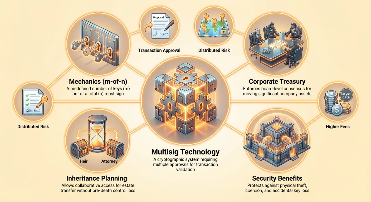 Hub-and-spoke diagram detailing multisig wallet mechanics, m-of-n approvals, corporate governance, inheritance planning, and key trade-offs.