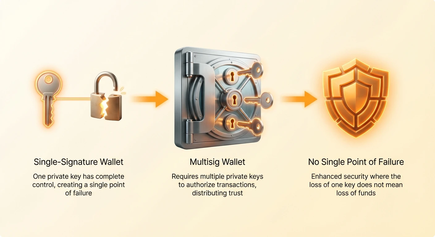 High-level comparison of traditional single-signature wallet versus multisig setup, using clean linear flow to show distributed trust eliminating single point of failure.