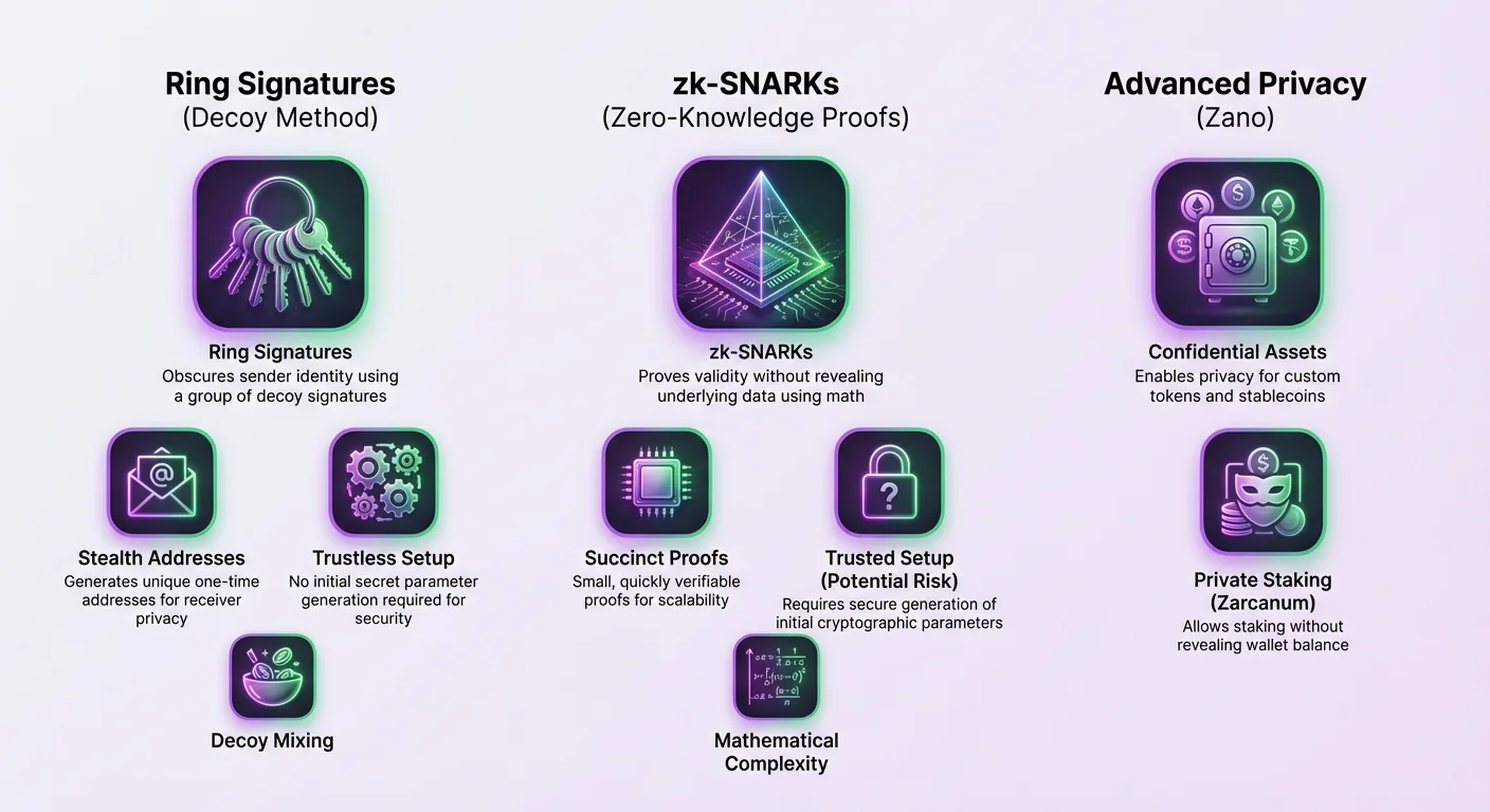 Detailed infographic contrasting Ring Signatures decoy method and zk-SNARKs zero-knowledge proofs, with stealth addresses, trustless setup, succinct proofs, confidential assets, and Zano private staking.