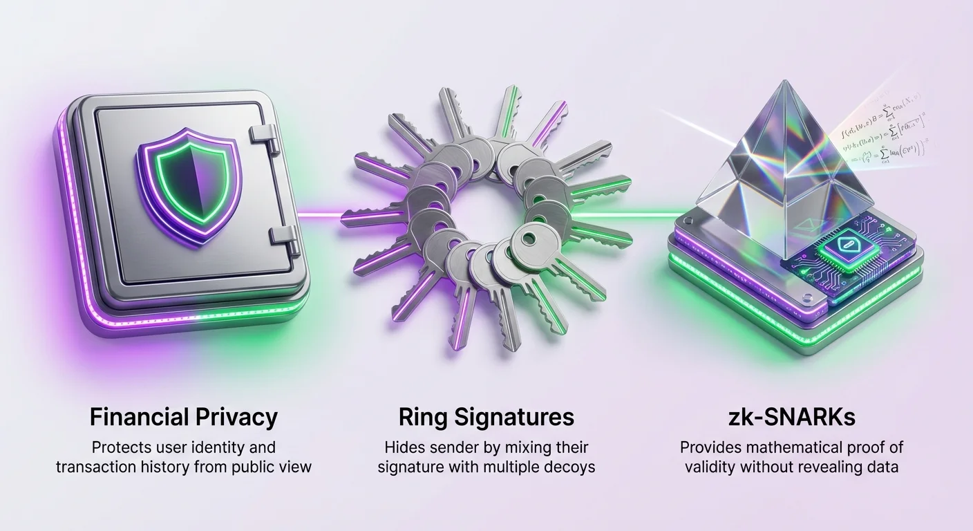 Infographic overview of financial privacy protecting user identity, Ring Signatures hiding senders with decoys, and zk-SNARKs proving validity without revealing data.