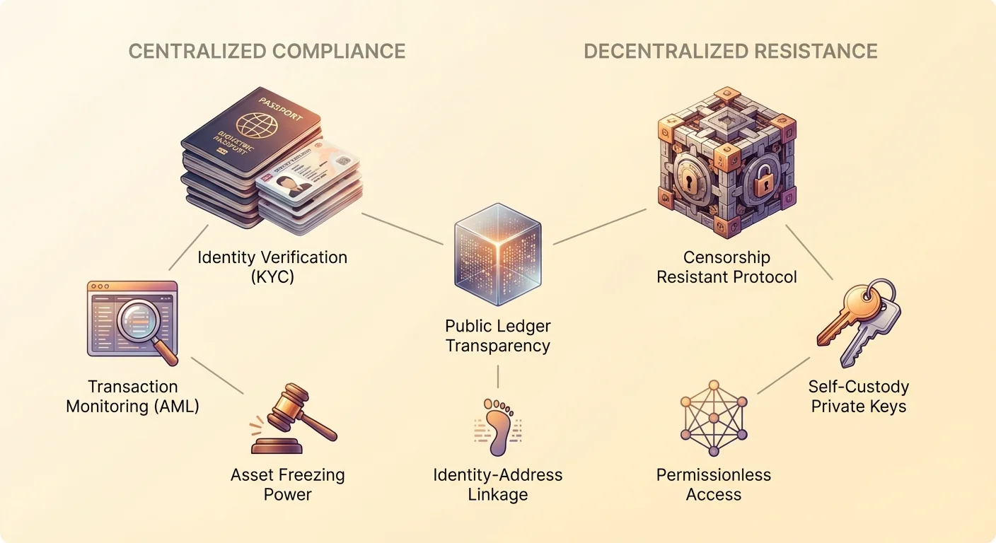 Detailed infographic split-view comparing centralized compliance (KYC identity verification, AML monitoring, asset freezing, identity-address linkage) against decentralized resistance (censorship-resistant protocols, self-custody private keys, permissionless access), bridged by public ledger transparency.