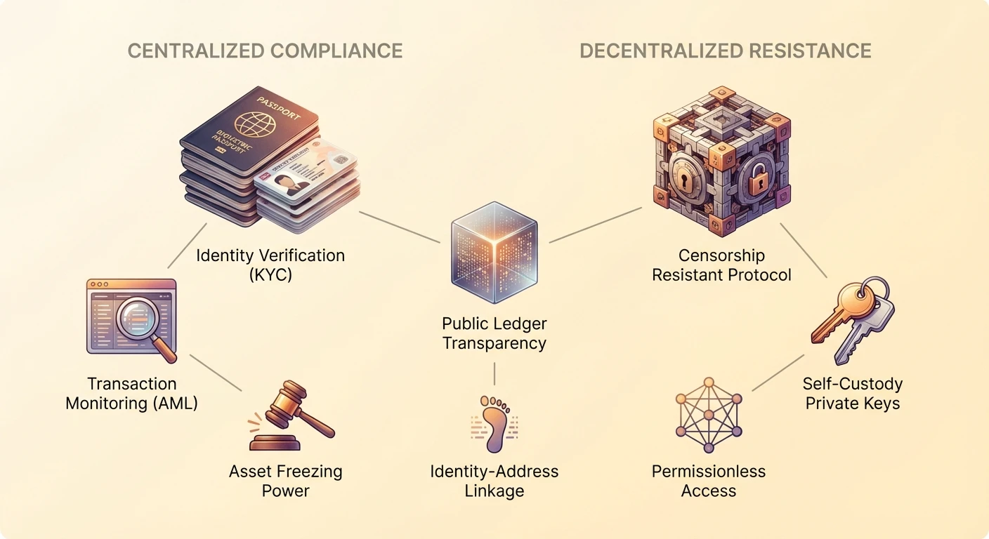 Detailed infographic split-view comparing centralized compliance (KYC identity verification, AML monitoring, asset freezing, identity-address linkage) against decentralized resistance (censorship-resistant protocols, self-custody private keys, permissionless access), bridged by public ledger transparency.