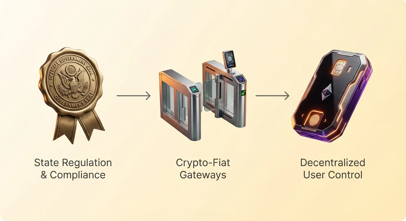 Simple overview infographic with three icons side-by-side: State Regulation & Compliance on the left, Crypto-Fiat Gateways in the center, Decentralized User Control on the right, showing privacy vs compliance conflict.