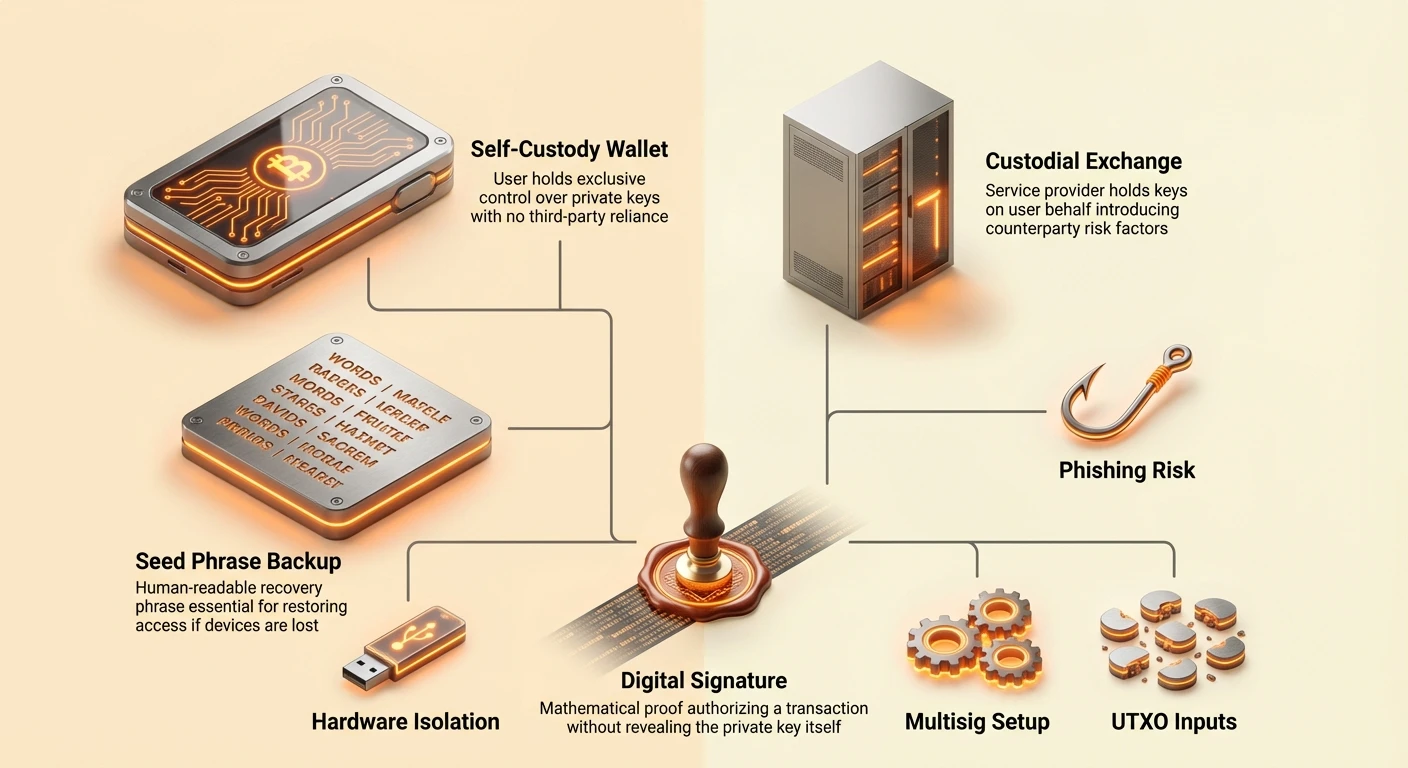 Infographic comparing self-custody wallets with user-controlled private keys and seed phrase backups against custodial exchanges with third-party risks, plus digital signatures, hardware isolation, phishing risks, multisig, and UTXO inputs.