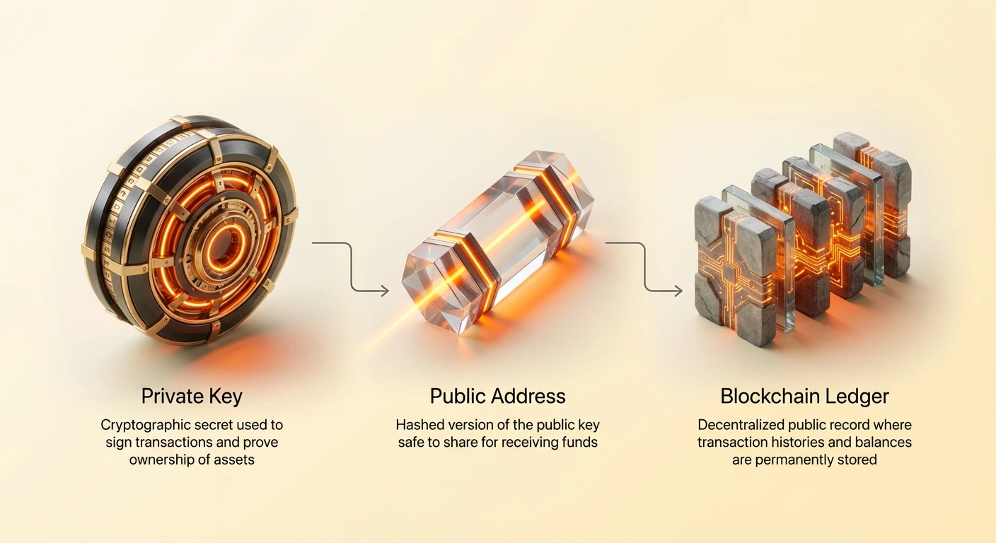 Infographic illustrating cryptocurrency fundamentals: private key for signing transactions and ownership proof, public address for receiving funds, and blockchain ledger for permanent records.