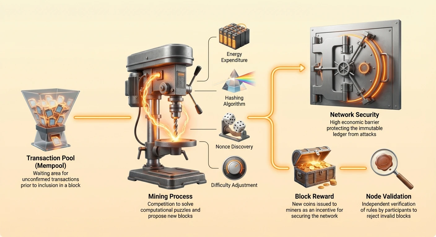 Detailed flow diagram of Proof of Work: transactions from mempool through competitive mining with hashing, nonce, difficulty to blockchain security and rewards, using photorealistic industrial visuals with orange glow.
