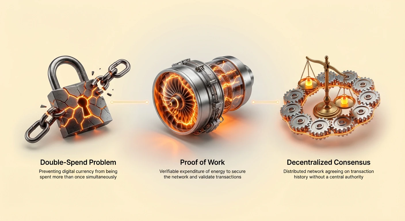 Infographic illustrating double-spend problem as broken chain, Proof of Work as energy generator, achieving decentralized consensus with balanced scales and gears.