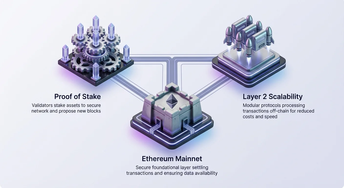High-level infographic of Ethereum's core: Mainnet securing transactions and data, Proof of Stake validators proposing blocks, Layer 2 protocols for fast low-cost off-chain processing.