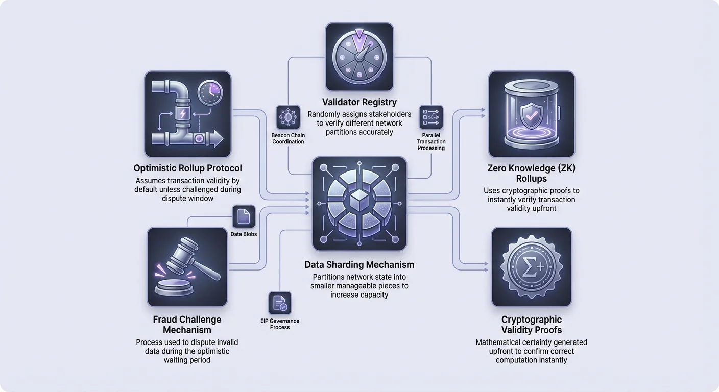 Infographic detailing Ethereum data sharding at center, splitting to Optimistic Rollups with fraud challenges and ZK Rollups with validity proofs, plus validators and supporting tech.