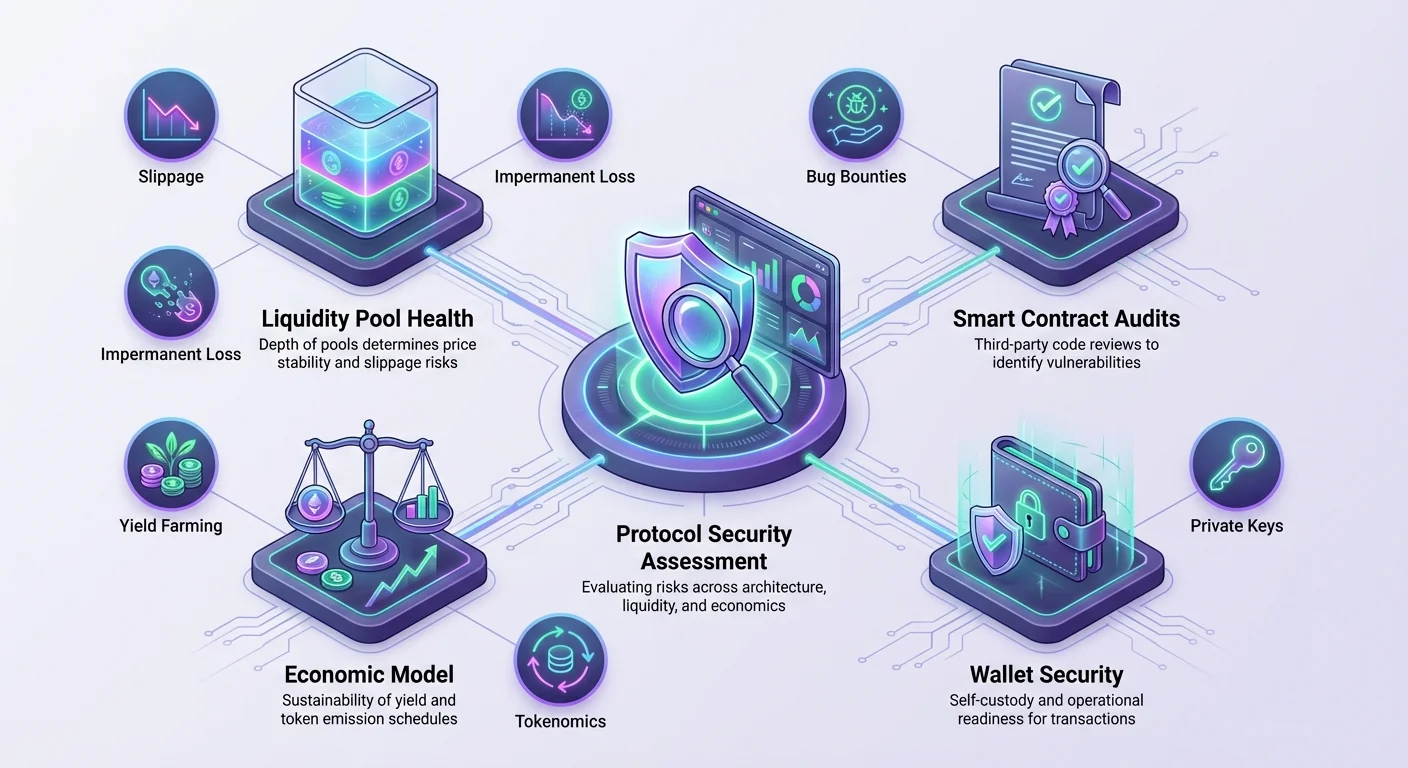 Detailed hub-and-spoke infographic on protocol security assessment, covering liquidity pool health, smart contract audits, economic models, wallet security, slippage, impermanent loss, bug bounties, yield farming, tokenomics, and private keys.