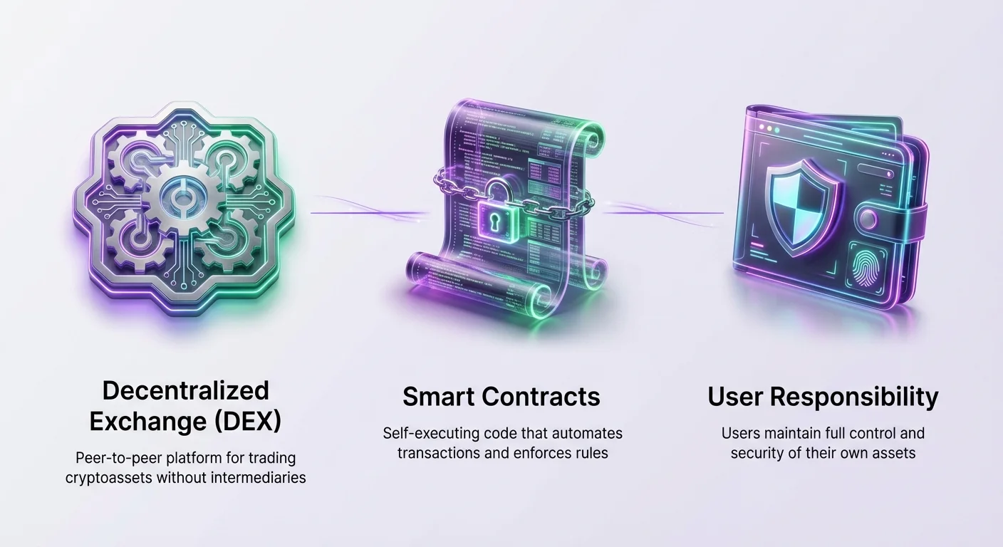 Simple infographic overview of decentralized exchange (DEX) for peer-to-peer crypto trading, smart contracts automating transactions, and user responsibility for asset security.