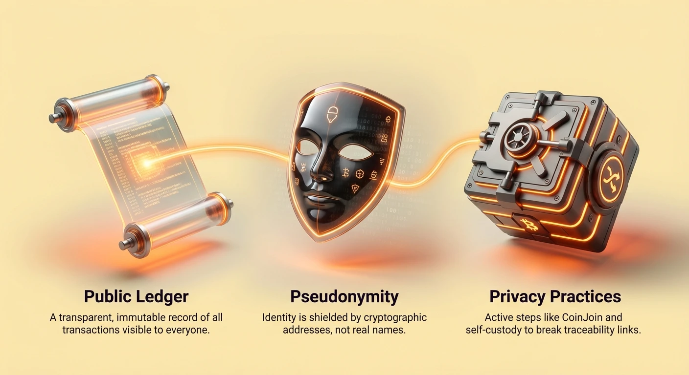 Infographic overview of Bitcoin's public ledger, pseudonymity via cryptographic addresses, and privacy practices like CoinJoin and self-custody to break traceability.