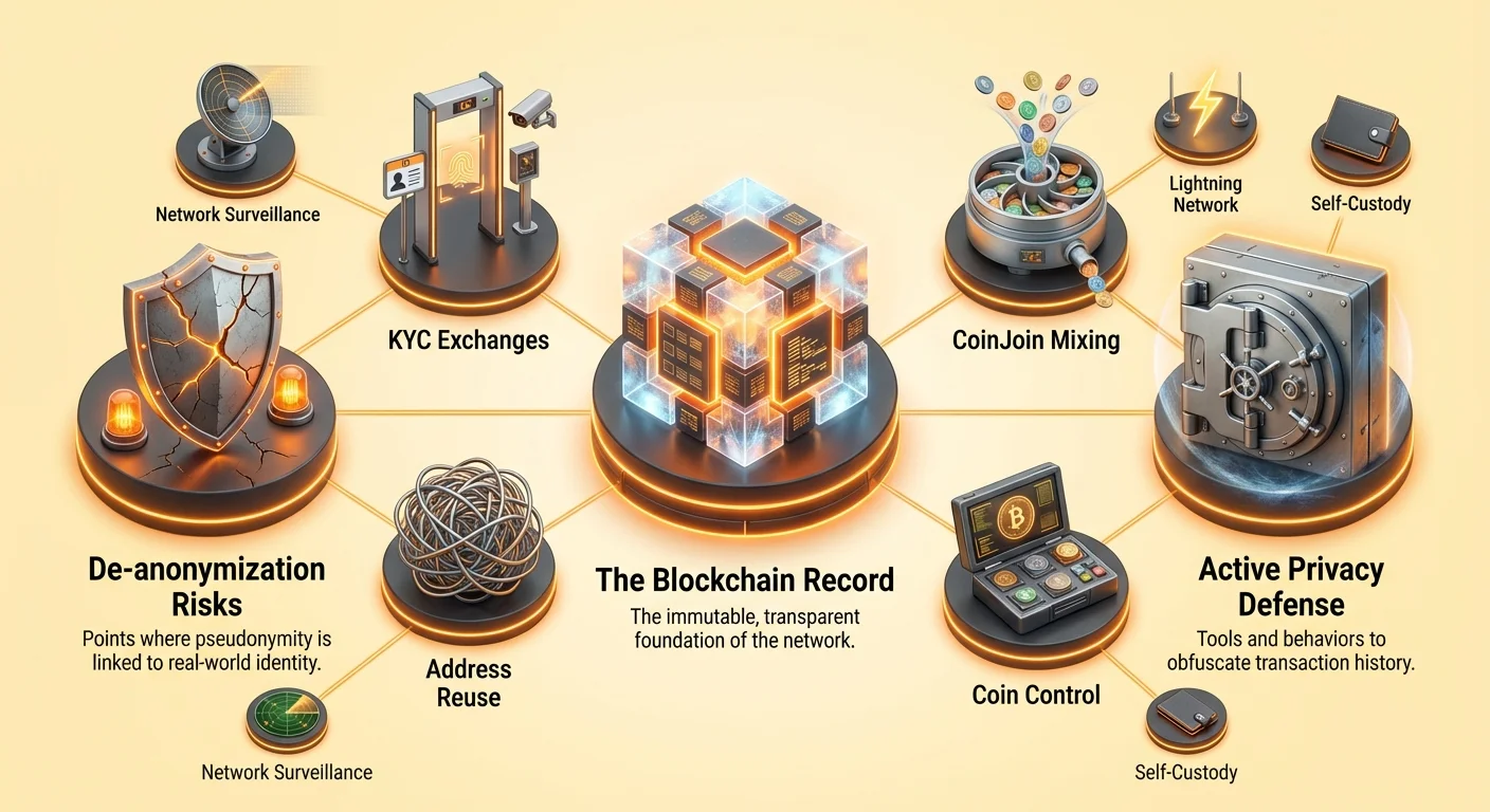 Infographic with central blockchain record node; left cluster shows de-anonymization risks like KYC exchanges, address reuse, network surveillance; right cluster active defenses including CoinJoin, coin control, Lightning Network, self-custody.