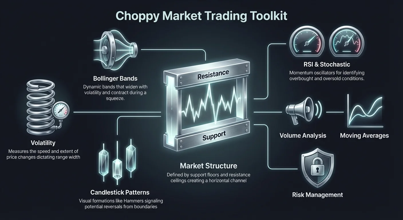 Detailed infographic of choppy market trading toolkit in hub-and-spoke layout, highlighting market structure, Bollinger Bands, RSI and Stochastic indicators, and risk management strategies.