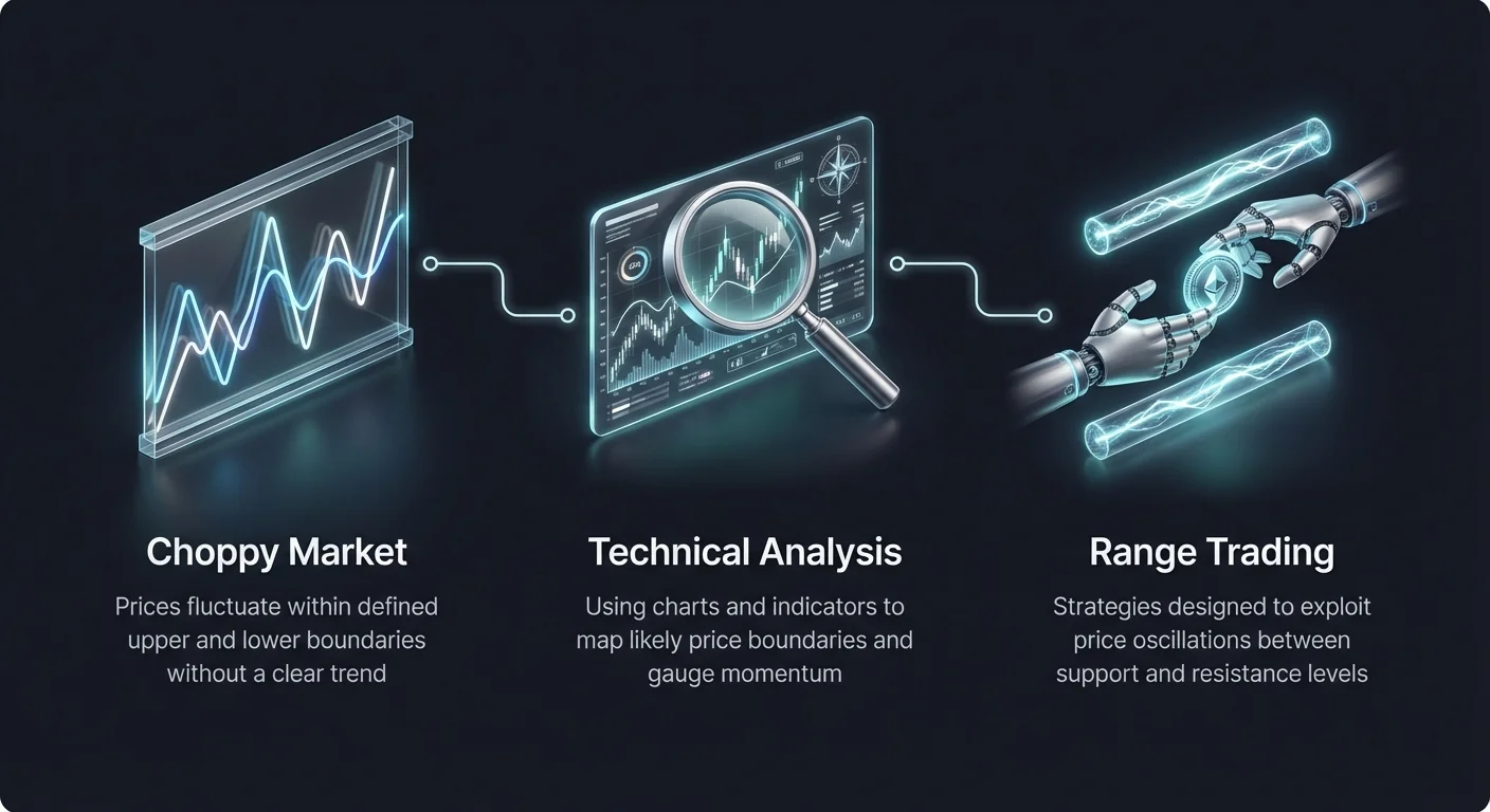 Simple infographic overview of choppy markets, technical analysis tools, and range trading strategies with large photorealistic icons in a linear layout.