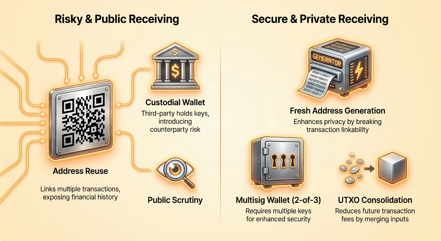 Infographic contrasting risky crypto receiving practices like address reuse and custodial wallets with secure methods including fresh addresses, multisig wallets, and UTXO consolidation.