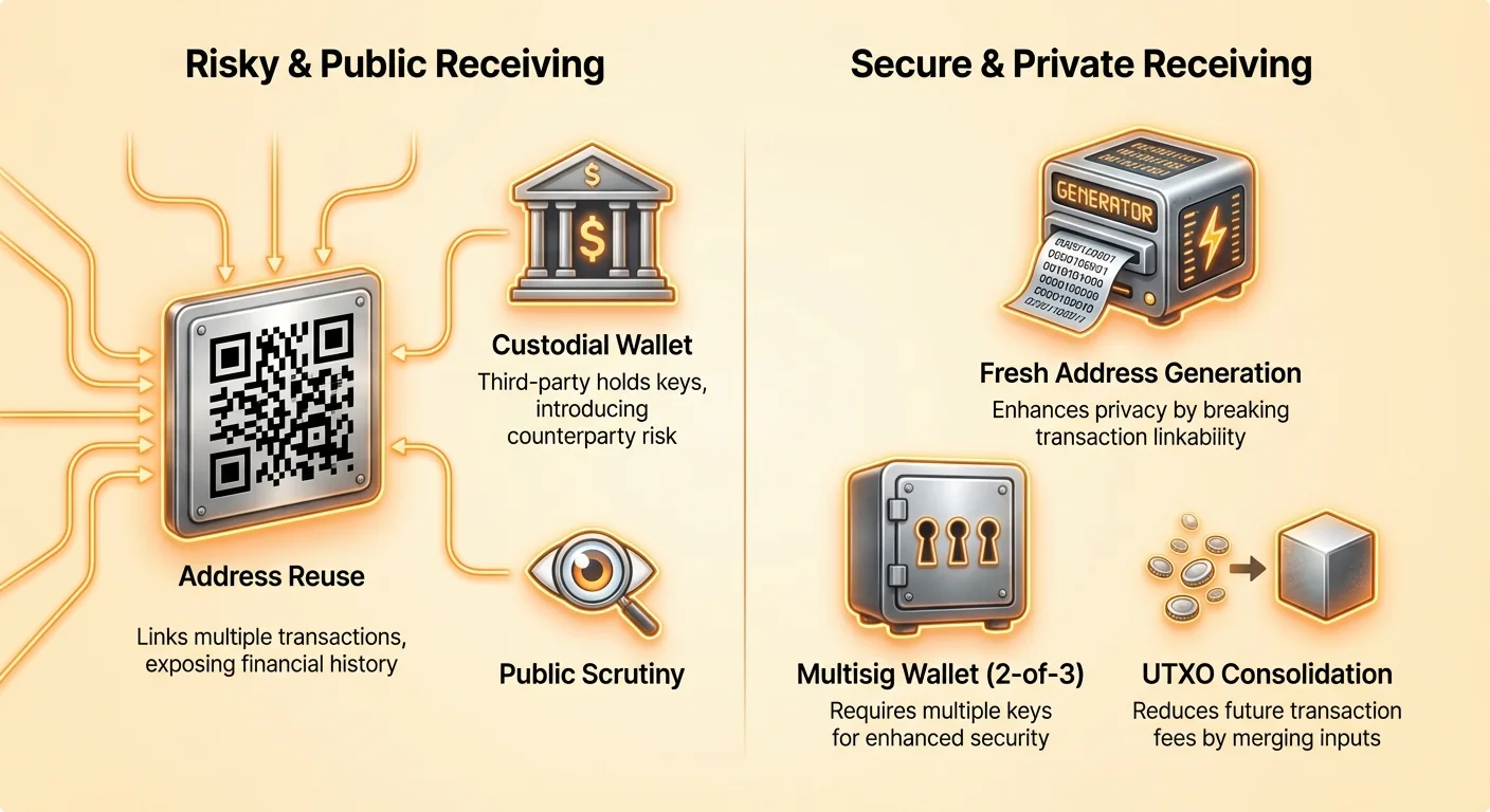 Infographic contrasting risky crypto receiving practices like address reuse and custodial wallets with secure methods including fresh addresses, multisig wallets, and UTXO consolidation.