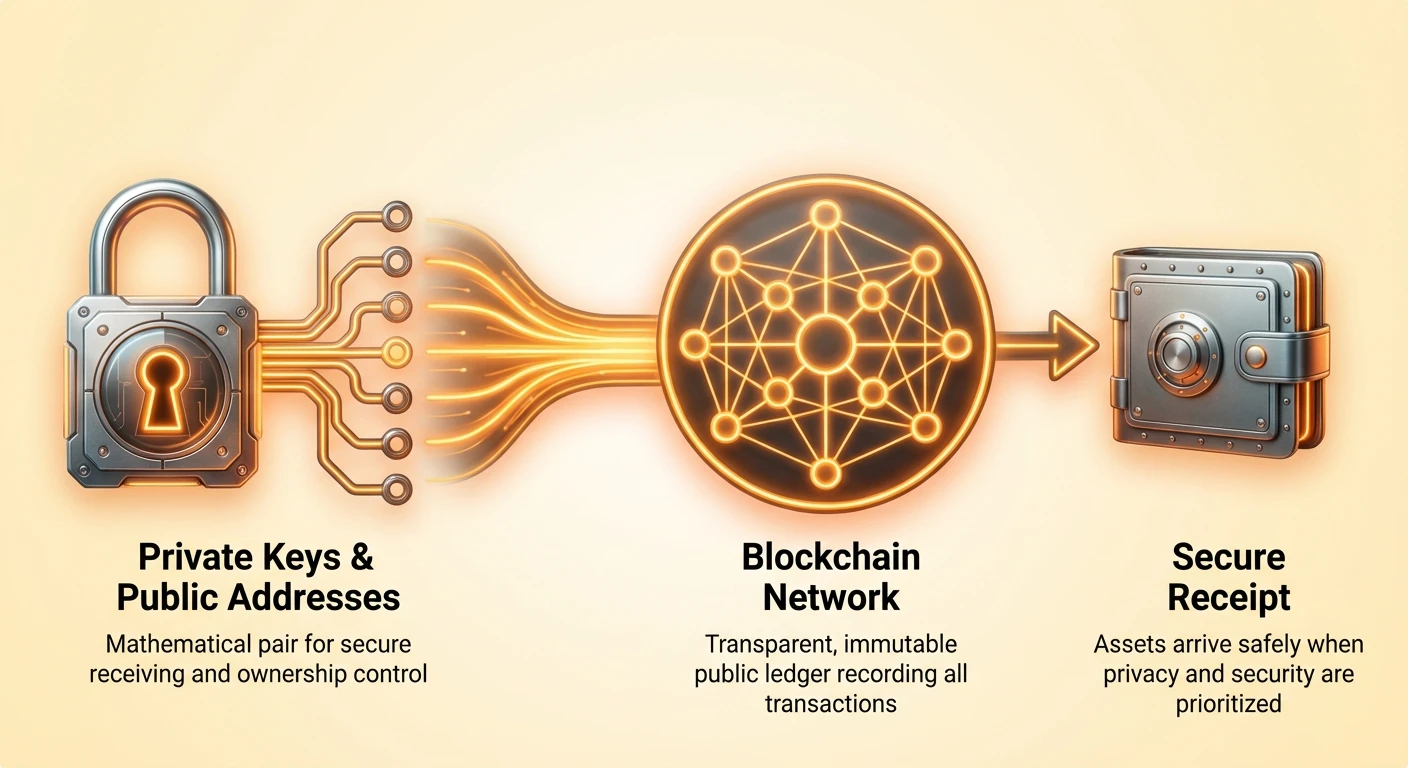 Infographic overview of receiving cryptocurrency safely, showing link between private keys, public addresses, blockchain network, and secure receipt process.