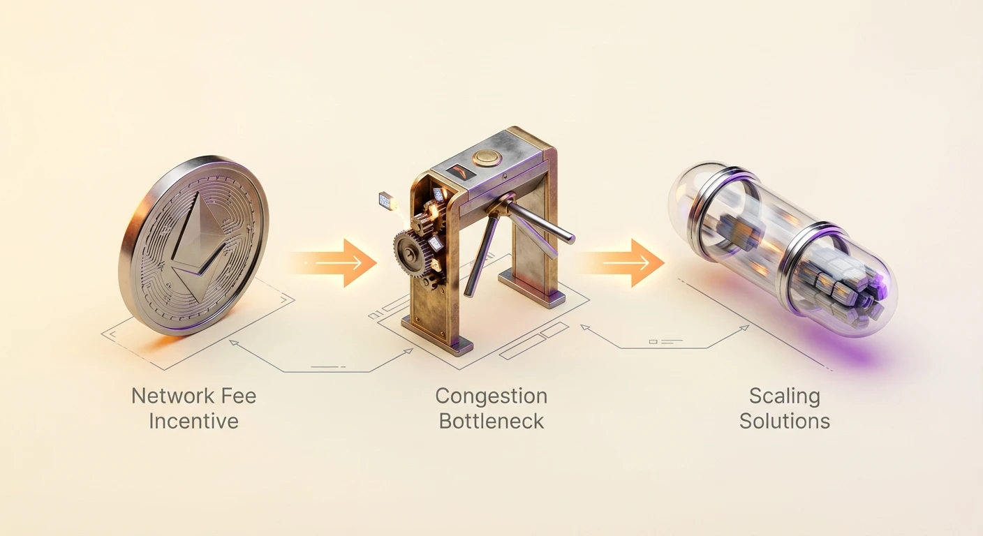 Simple overview infographic depicting the blockchain transaction fee loop: network incentives cause congestion bottlenecks, resolved by scaling solutions.