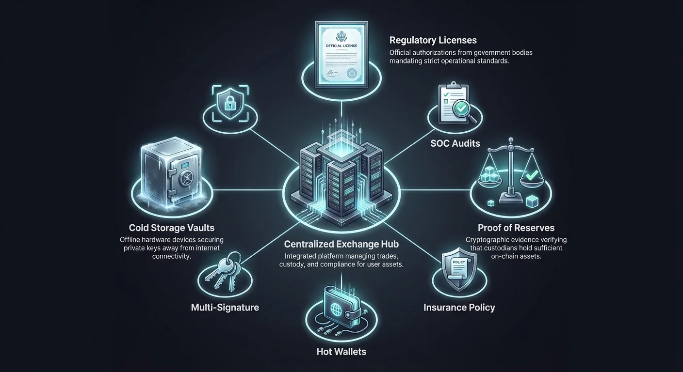 Detailed infographic with central Centralized Exchange Hub radiating to nodes on cold storage vaults, regulatory licenses, proof of reserves, hot wallets, multi-signature, SOC audits, and insurance policy.
