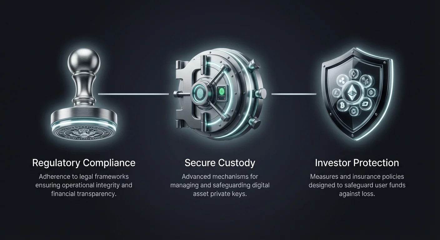 Infographic overview of three pillars: regulatory compliance for legal integrity, secure custody for key management, and investor protection via insurance for crypto assets.