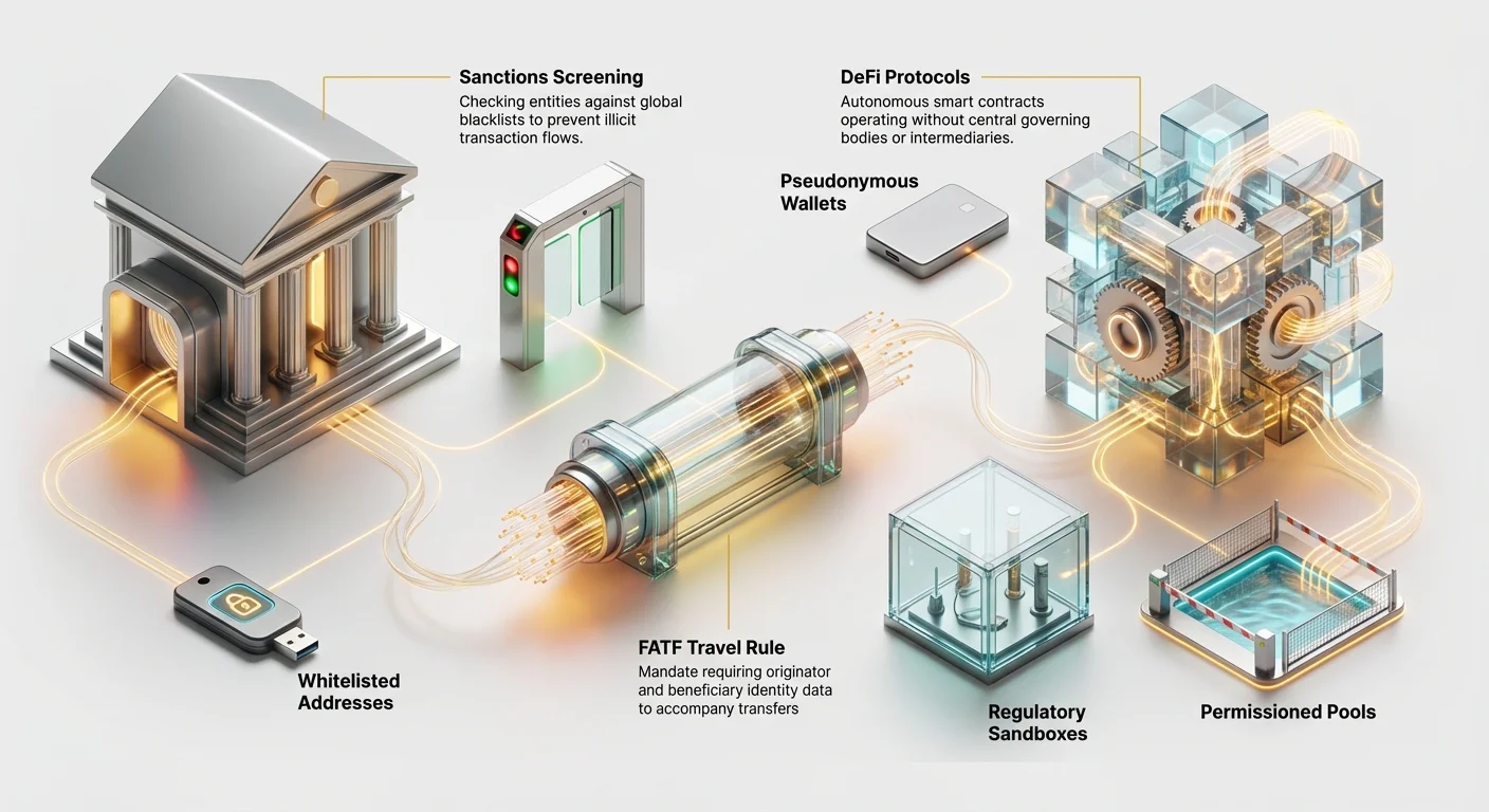 Detailed infographic split-comparing CeFi intermediaries (VASPs) and DeFi protocols, bridged by FATF Travel Rule and sanctions screening, with labels for whitelisted addresses, pseudonymous wallets, regulatory sandboxes, and permissioned pools.