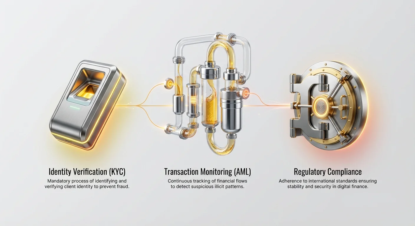 Infographic overview of digital asset regulations: Identity Verification via KYC to prevent fraud, Transaction Monitoring via AML for suspicious patterns, and Regulatory Compliance for stability and security.